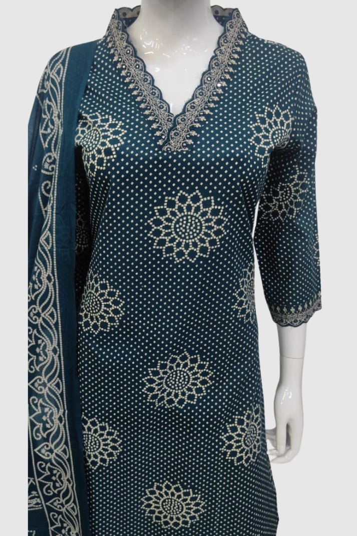 Emerald Blue Cotton Printed Suit Dupatta Set with V-Neck Embroidery