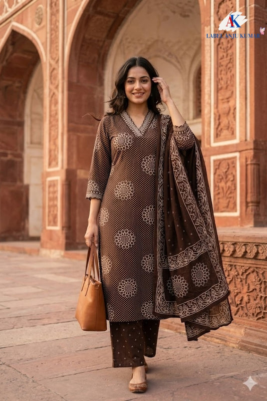 Brown Cotton Printed Suit Dupatta Set with V-Neck Embroidery