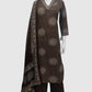 Brown Cotton Printed Suit Dupatta Set with V-Neck Embroidery