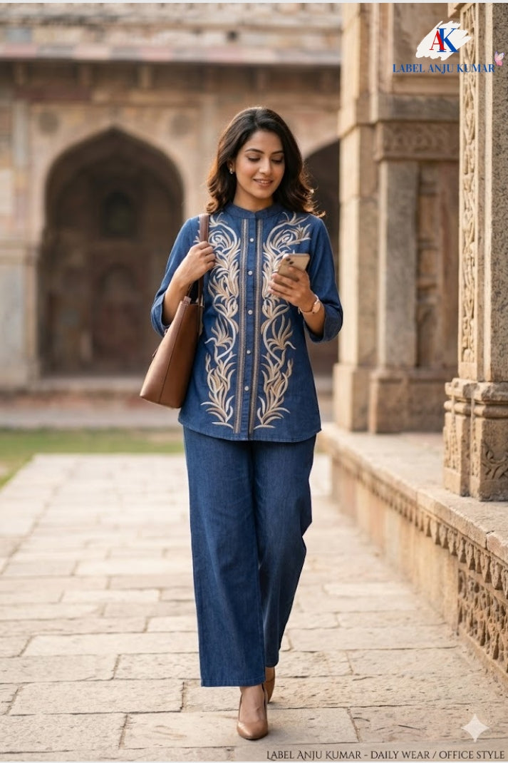 Denim Blue Coord Set with Thread Work Top and Straight Trousers