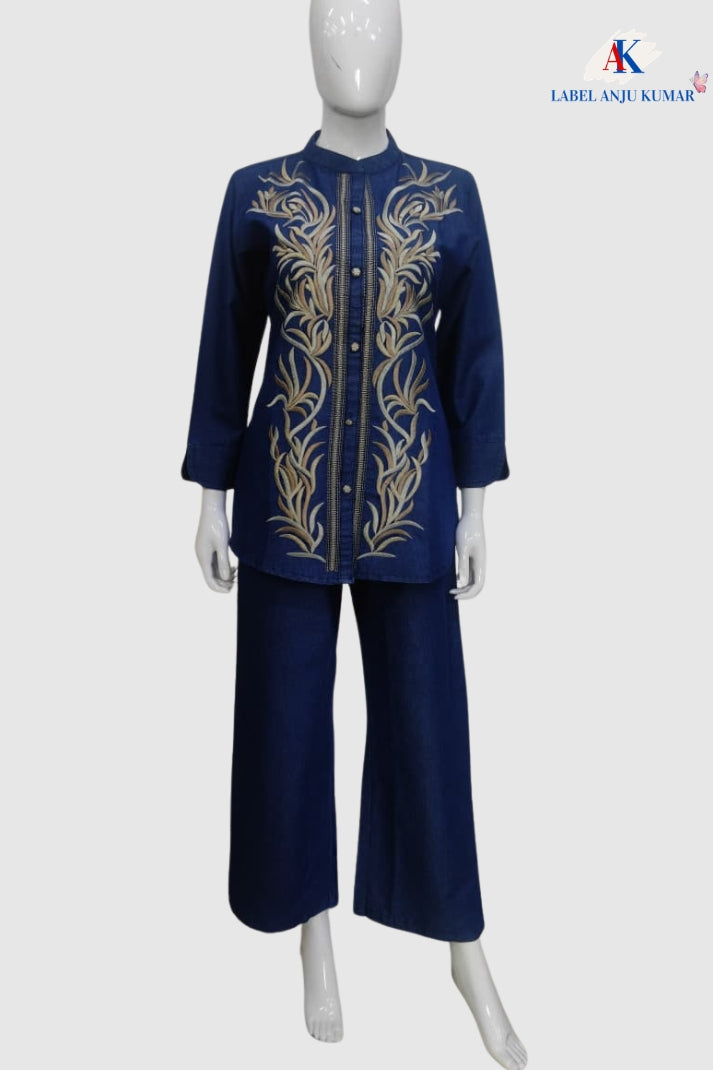 Denim Blue Coord Set with Thread Work Top and Straight Trousers