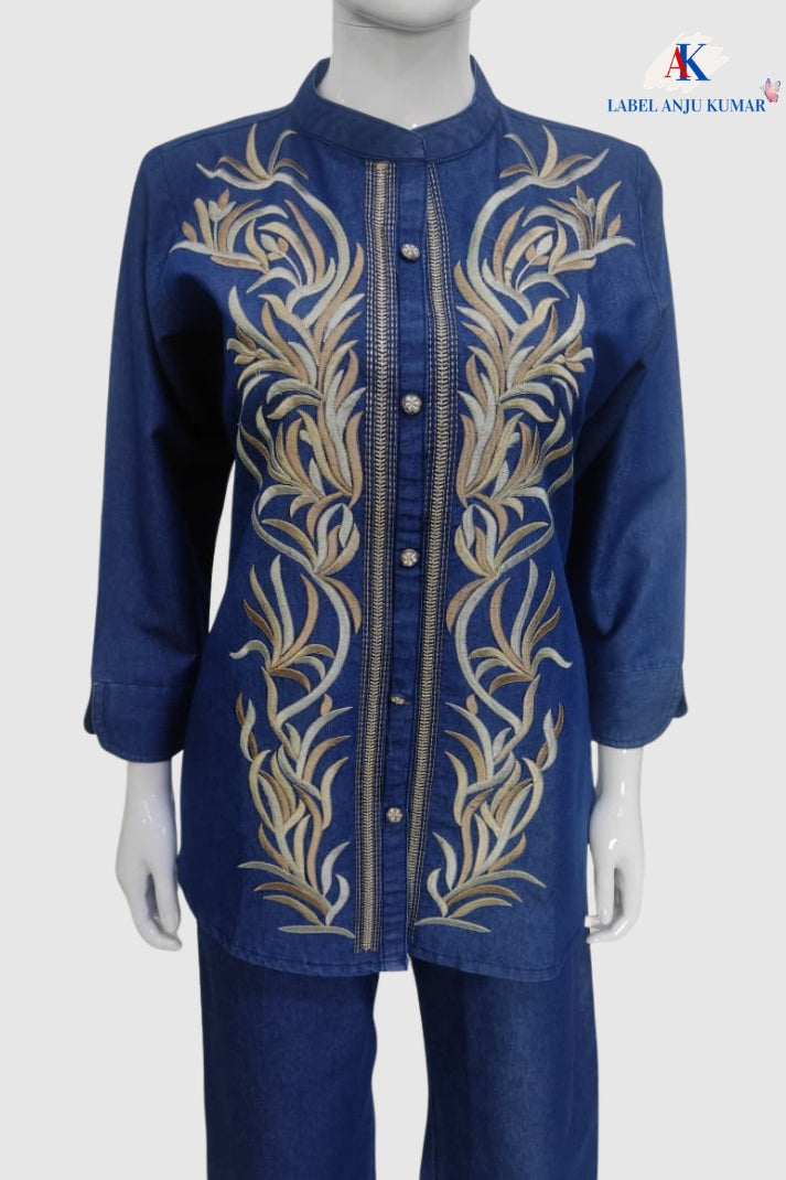 Denim Blue Coord Set with Thread Work Top and Straight Trousers