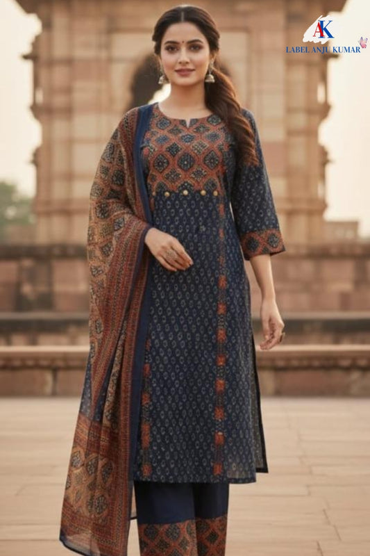 Navy Ajrakh Cotton Printed Suit Dupatta Set with Hand Work