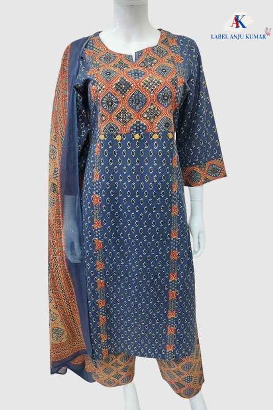Navy Ajrakh Cotton Printed Suit Dupatta Set with Hand Work