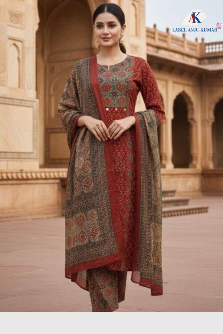 Rust Ajrakh Cotton Printed Suit Dupatta Set with Hand Work