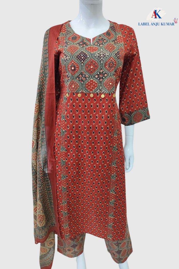 Rust Ajrakh Cotton Printed Suit Dupatta Set with Hand Work