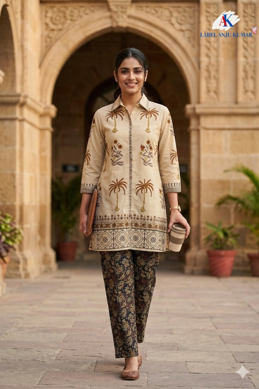 Beige Cotton Coord Set with Block Print Kurta and Kalamkari Trousers
