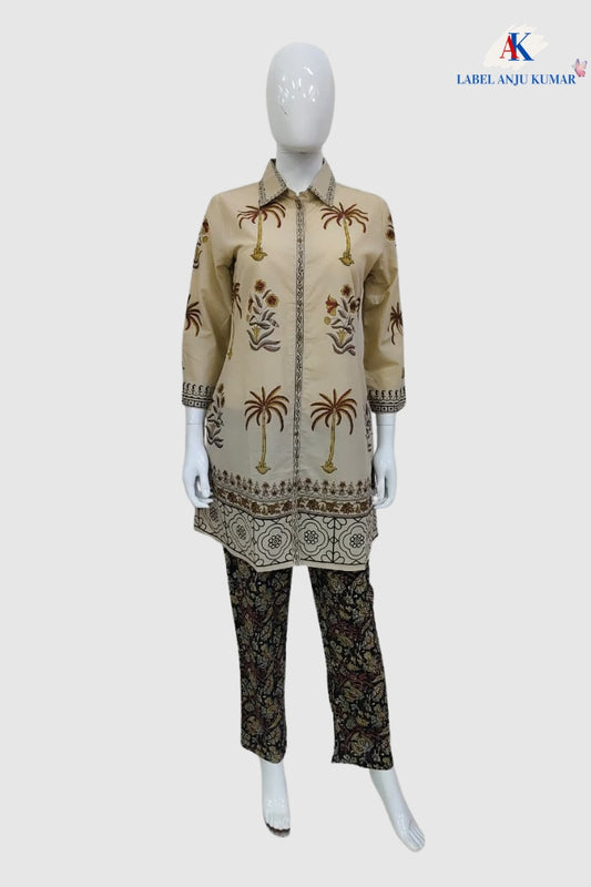 Beige Cotton Coord Set with Block Print Kurta and Kalamkari Trousers
