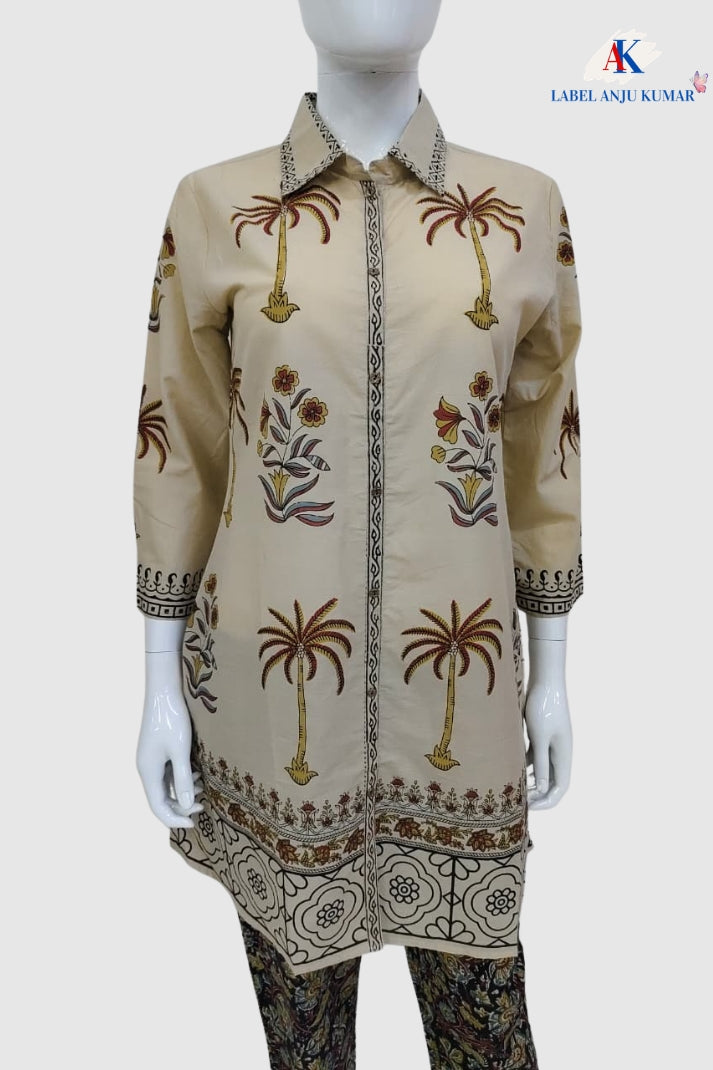 Beige Cotton Coord Set with Block Print Kurta and Kalamkari Trousers
