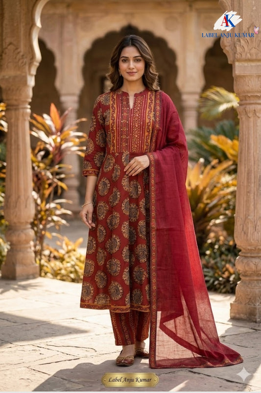 Rust Cotton Printed Anarkali Suit Dupatta Set with Embroidery
