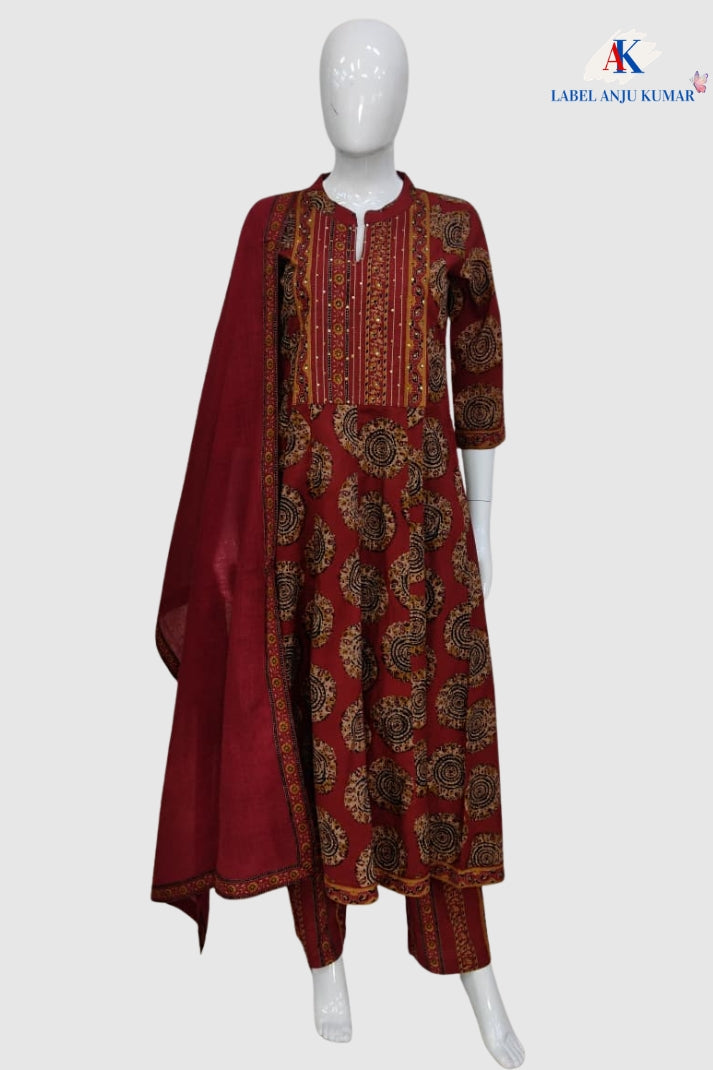 Rust Cotton Printed Anarkali Suit Dupatta Set with Embroidery