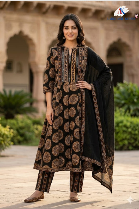 Black Cotton Printed Anarkali Suit Dupatta Set with Embroidery