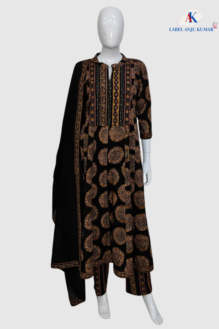 Black Cotton Printed Anarkali Suit Dupatta Set with Embroidery