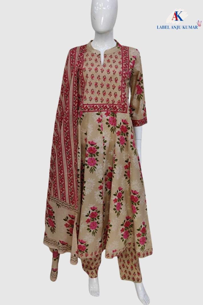 Beige Cotton Printed Anarkali Suit Dupatta Set with Embroidery