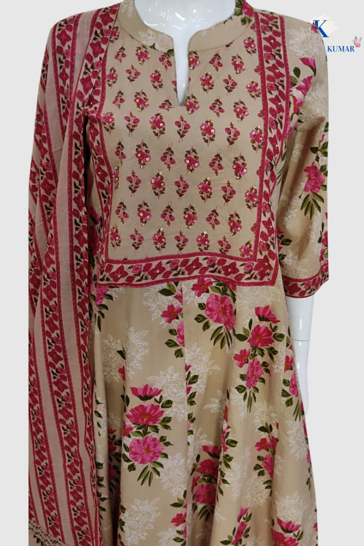 Beige Cotton Printed Anarkali Suit Dupatta Set with Embroidery