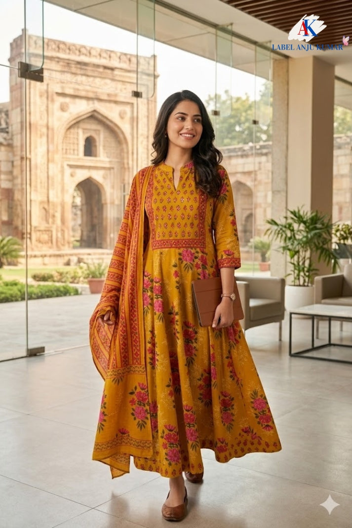 Mustard Cotton Printed Anarkali Suit Dupatta Set with Embroidery