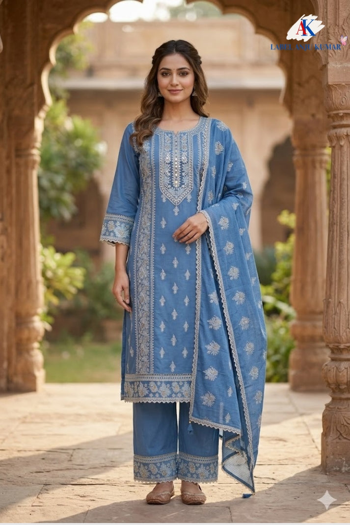 Powder Blue Chikankari Cotton Suit Dupatta Set with Heavy Embroidery