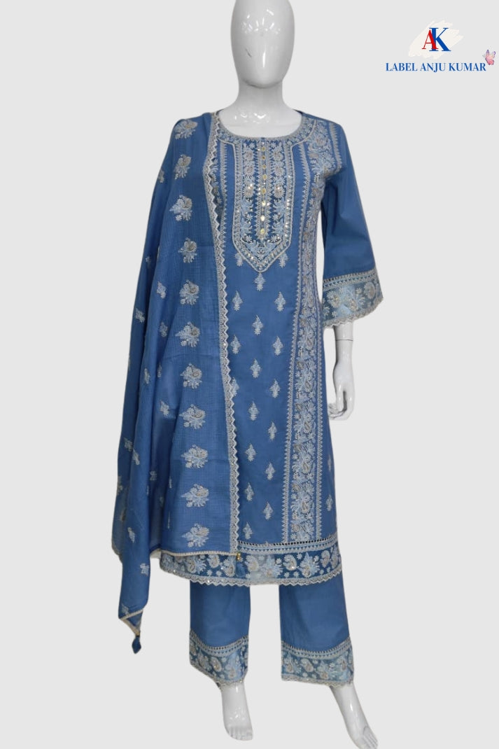 Powder Blue Chikankari Cotton Suit Dupatta Set with Heavy Embroidery