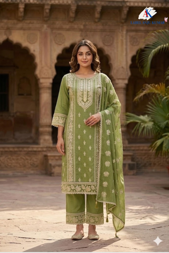 Cool Pista Green Chikankari Cotton Suit Dupatta Set with Heavy Embroidery