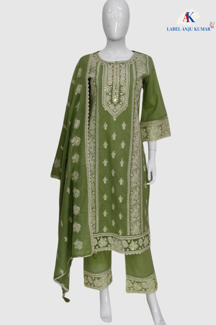 Cool Pista Green Chikankari Cotton Suit Dupatta Set with Heavy Embroidery