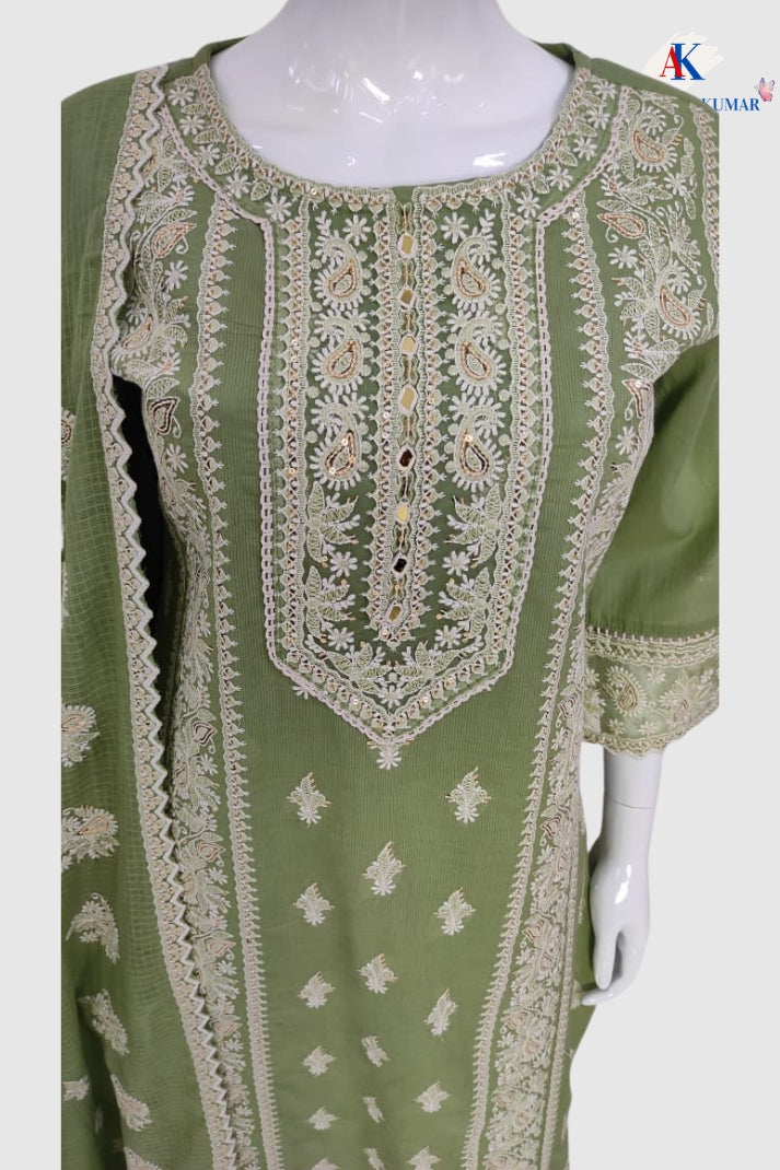 Cool Pista Green Chikankari Cotton Suit Dupatta Set with Heavy Embroidery