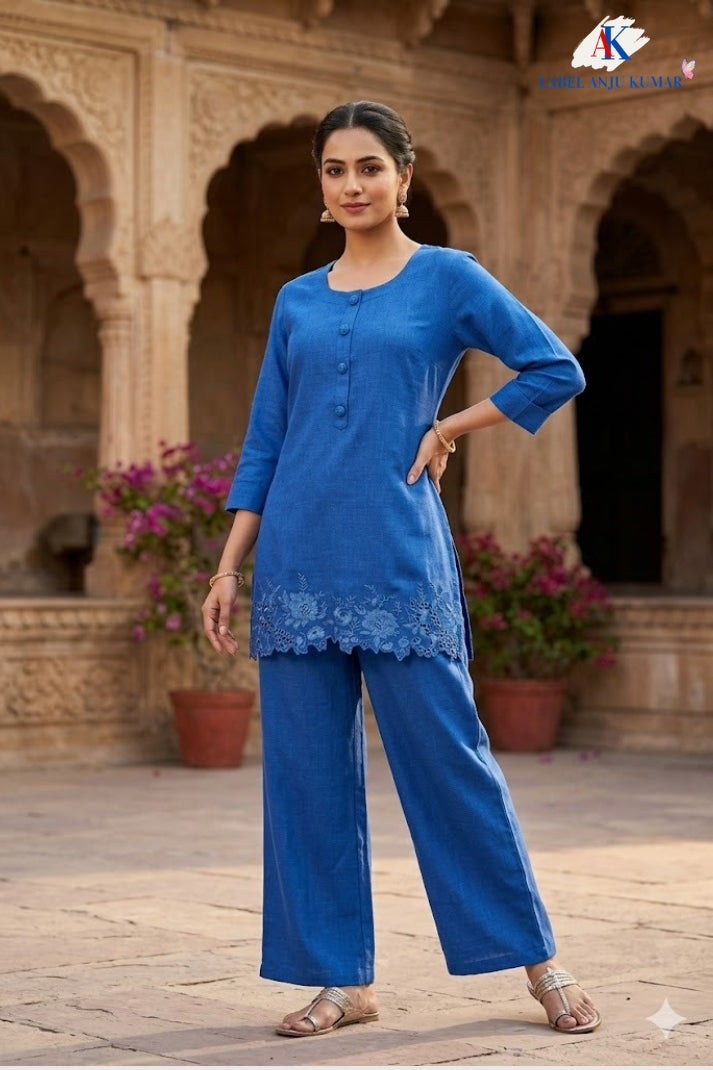 Royal Blue Imported Linen Coord Set with Embroidery Work