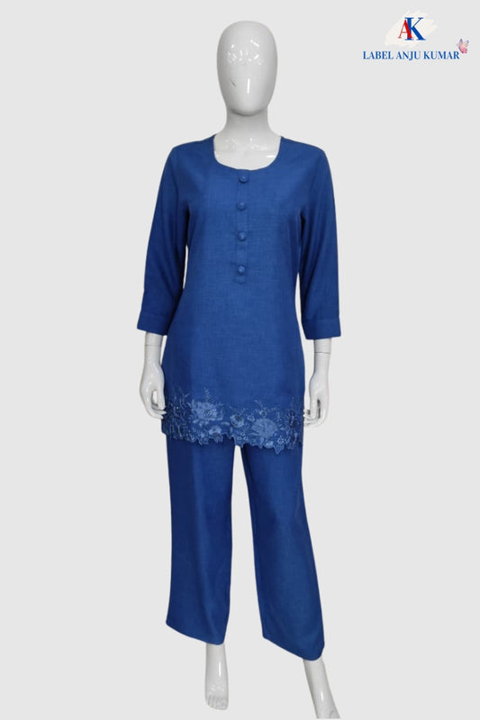 Royal Blue Imported Linen Coord Set with Embroidery Work