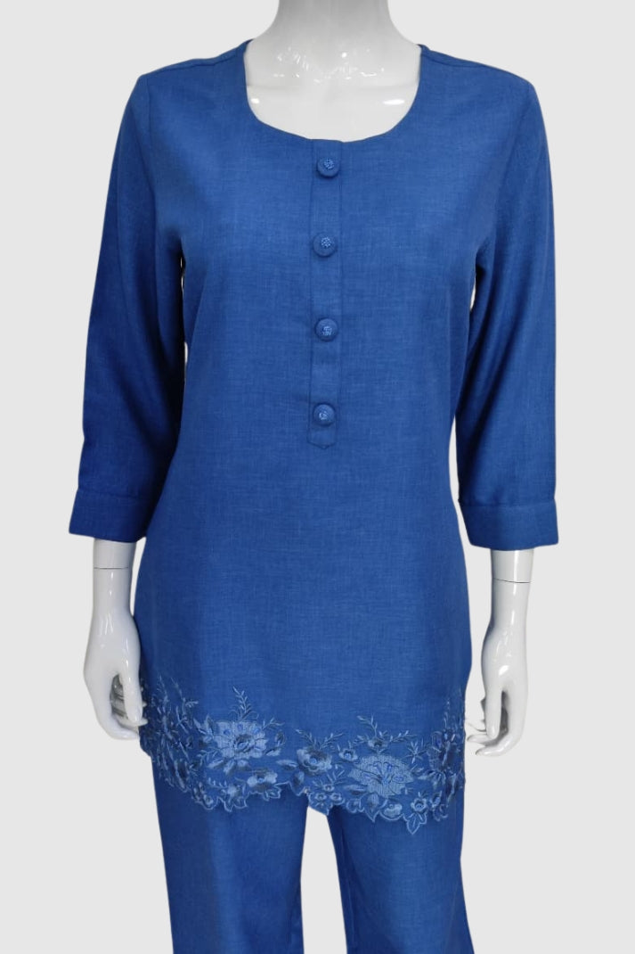 Royal Blue Imported Linen Coord Set with Embroidery Work