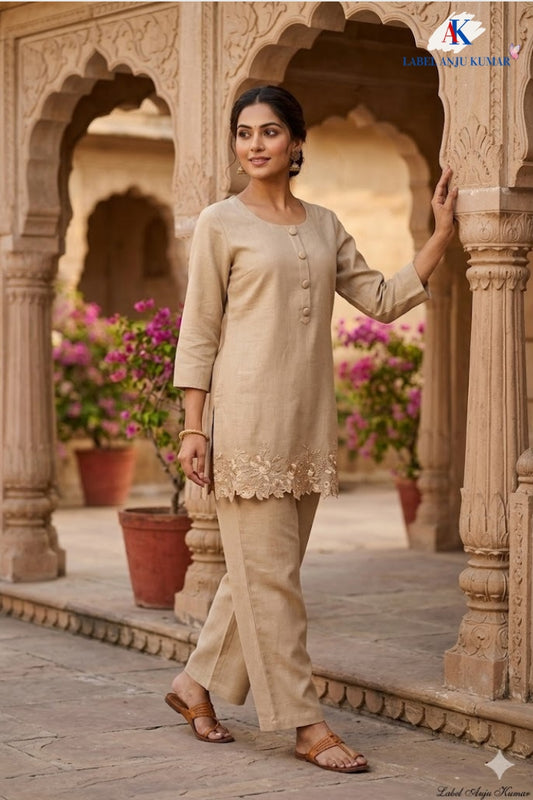 Beige Imported Linen Coord Set with Embroidery Work