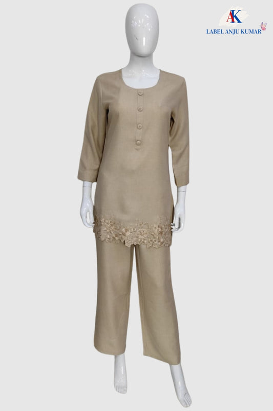 Beige Imported Linen Coord Set with Embroidery Work