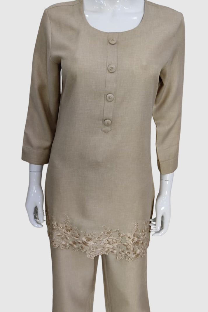 Beige Imported Linen Coord Set with Embroidery Work