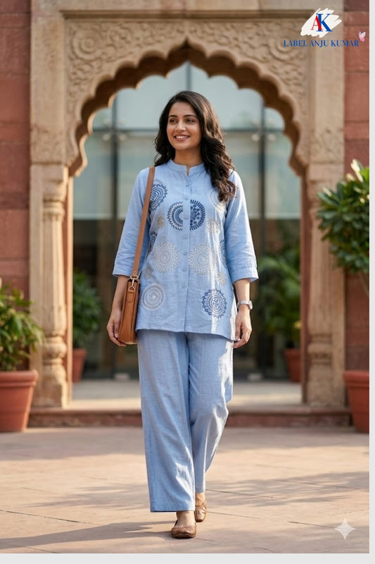 Sky Imported Linen Coord Set with Embroidery Work