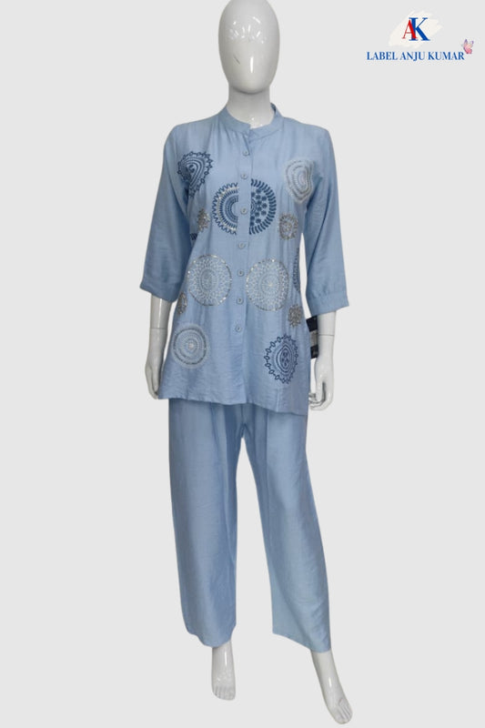 Sky Imported Linen Coord Set with Embroidery Work