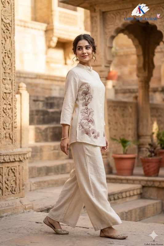 Light Beige Imported Linen Coord Set with Embroidery Work