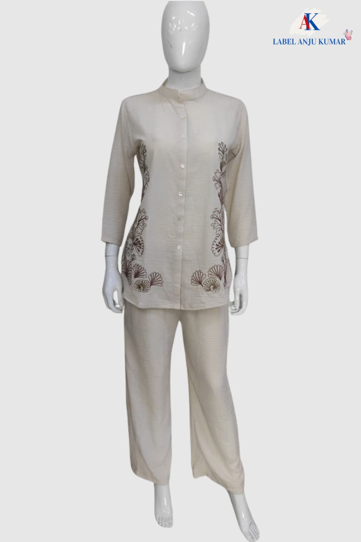 Light Beige Imported Linen Coord Set with Embroidery Work