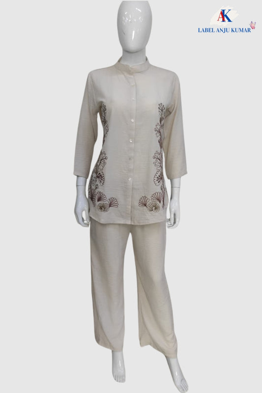 Light Beige Imported Linen Coord Set with Embroidery Work