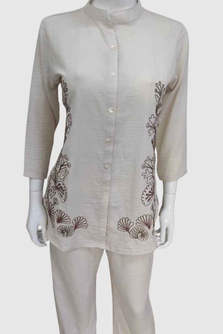Light Beige Imported Linen Coord Set with Embroidery Work