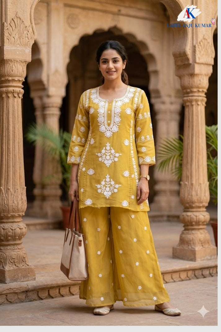 Mustard Mal Chanderi Chikankari A-Line Coord Set