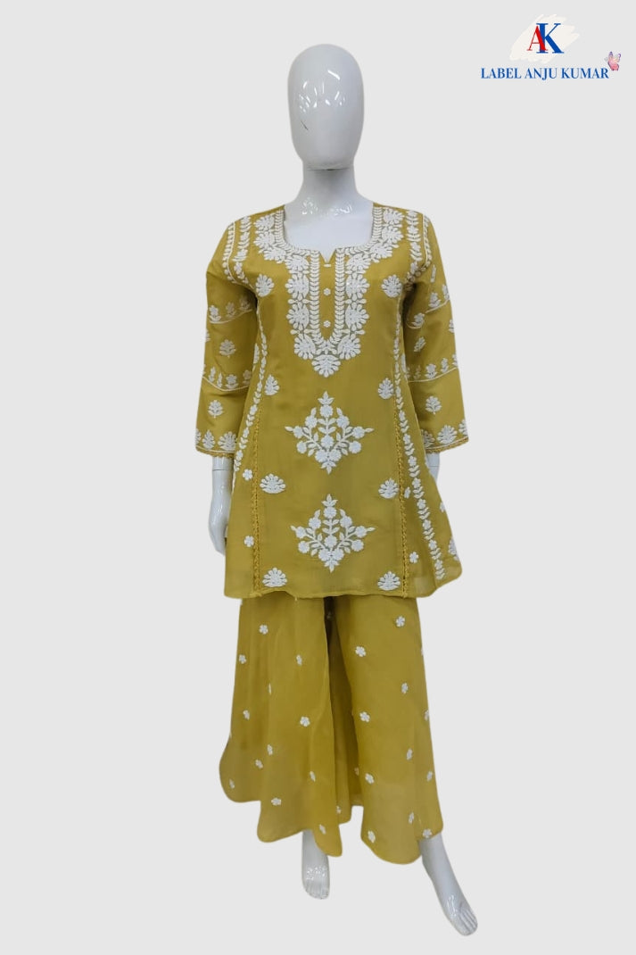 Mustard Mal Chanderi Chikankari A-Line Coord Set