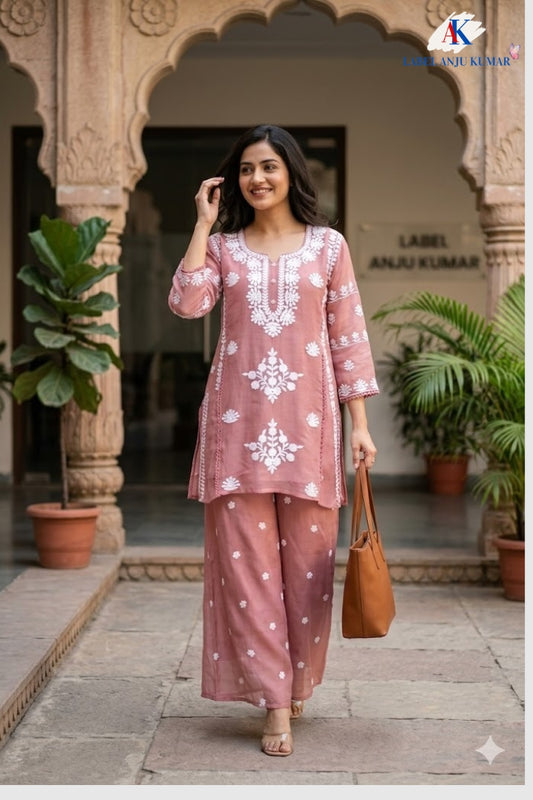 Dusty Pink Mal Chanderi Chikankari A-Line Coord Set