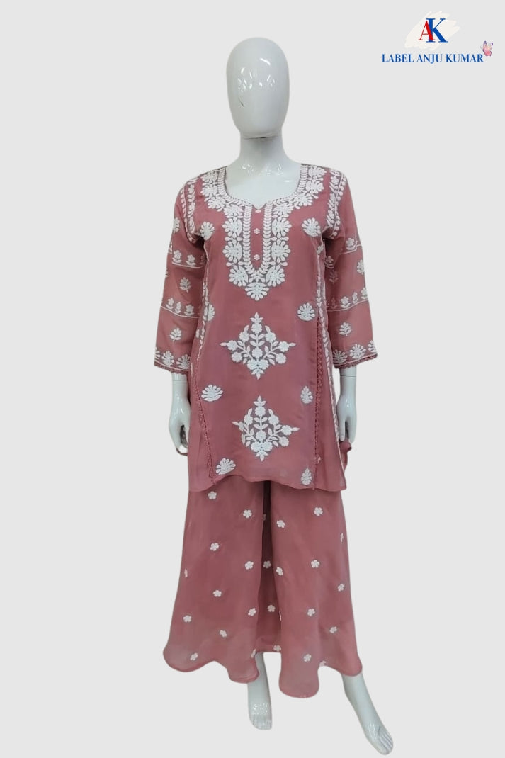 Dusty Pink Mal Chanderi Chikankari A-Line Coord Set