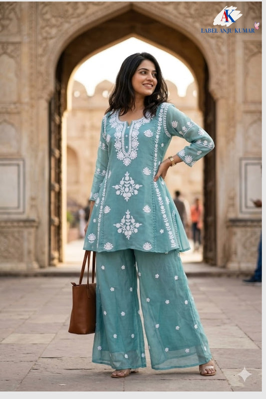 Sky Mal Chanderi Chikankari A-Line Coord Set