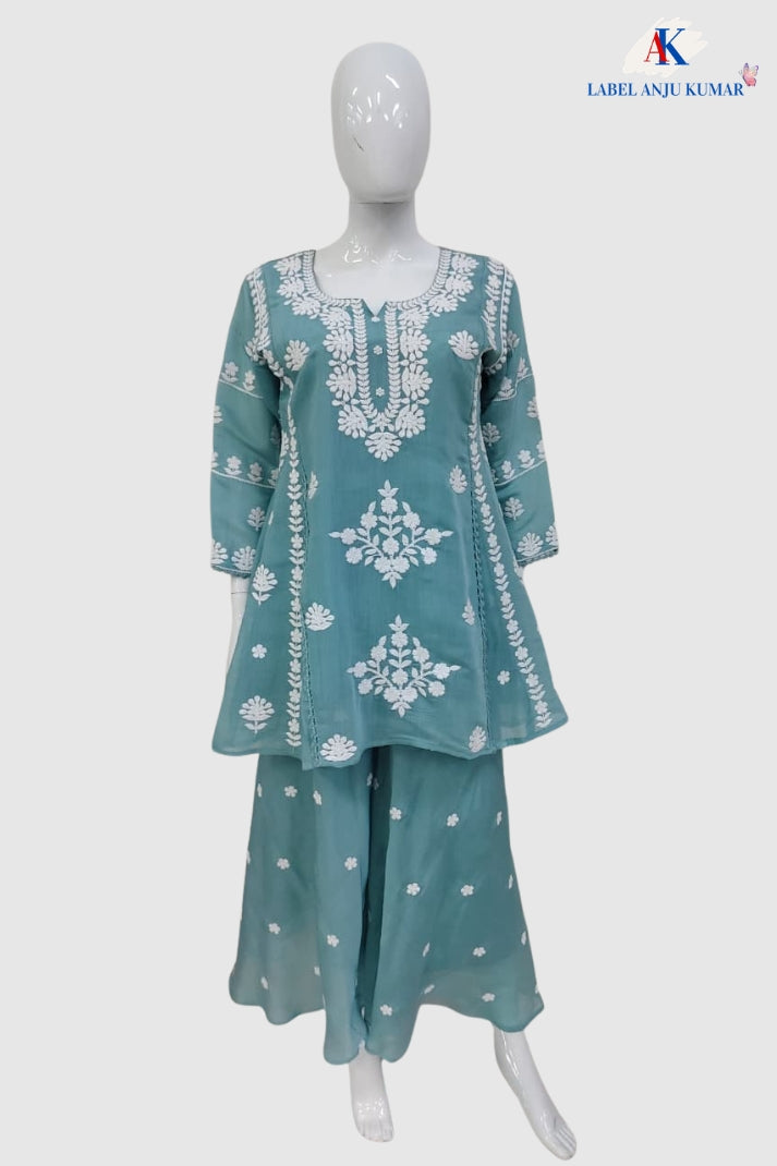 Sky Mal Chanderi Chikankari A-Line Coord Set