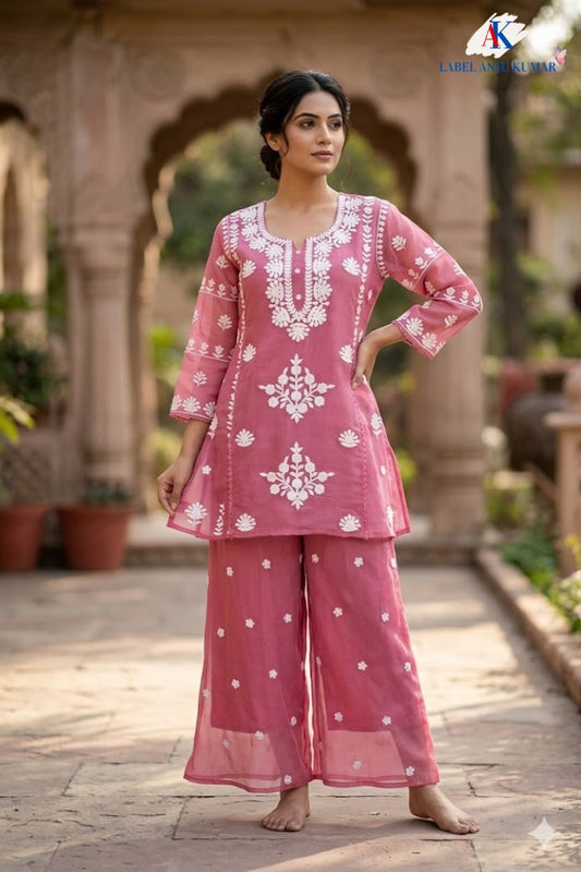 Pink Mal Chanderi Chikankari A-Line Coord Set