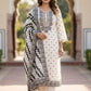 Off White Linen Suit Dupatta Set with Black Digital Print and Lace Detailing