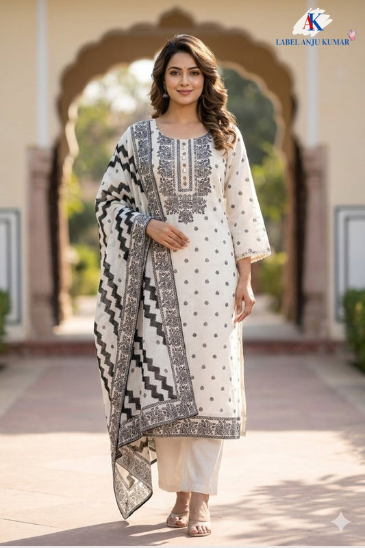 Off White Linen Suit Dupatta Set with Black Digital Print and Lace Detailing
