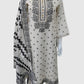 Off White Linen Suit Dupatta Set with Black Digital Print and Lace Detailing