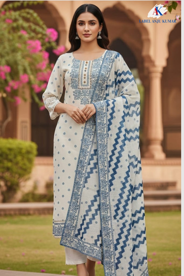 Off White Linen Suit Dupatta Set with Blue Digital Print and Lace Detailing