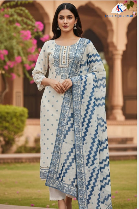 Off White Linen Suit Dupatta Set with Blue Digital Print and Lace Detailing