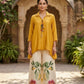 Yellow Muslin A-Line Coord Set with Lace Detailing and Printed Trousers